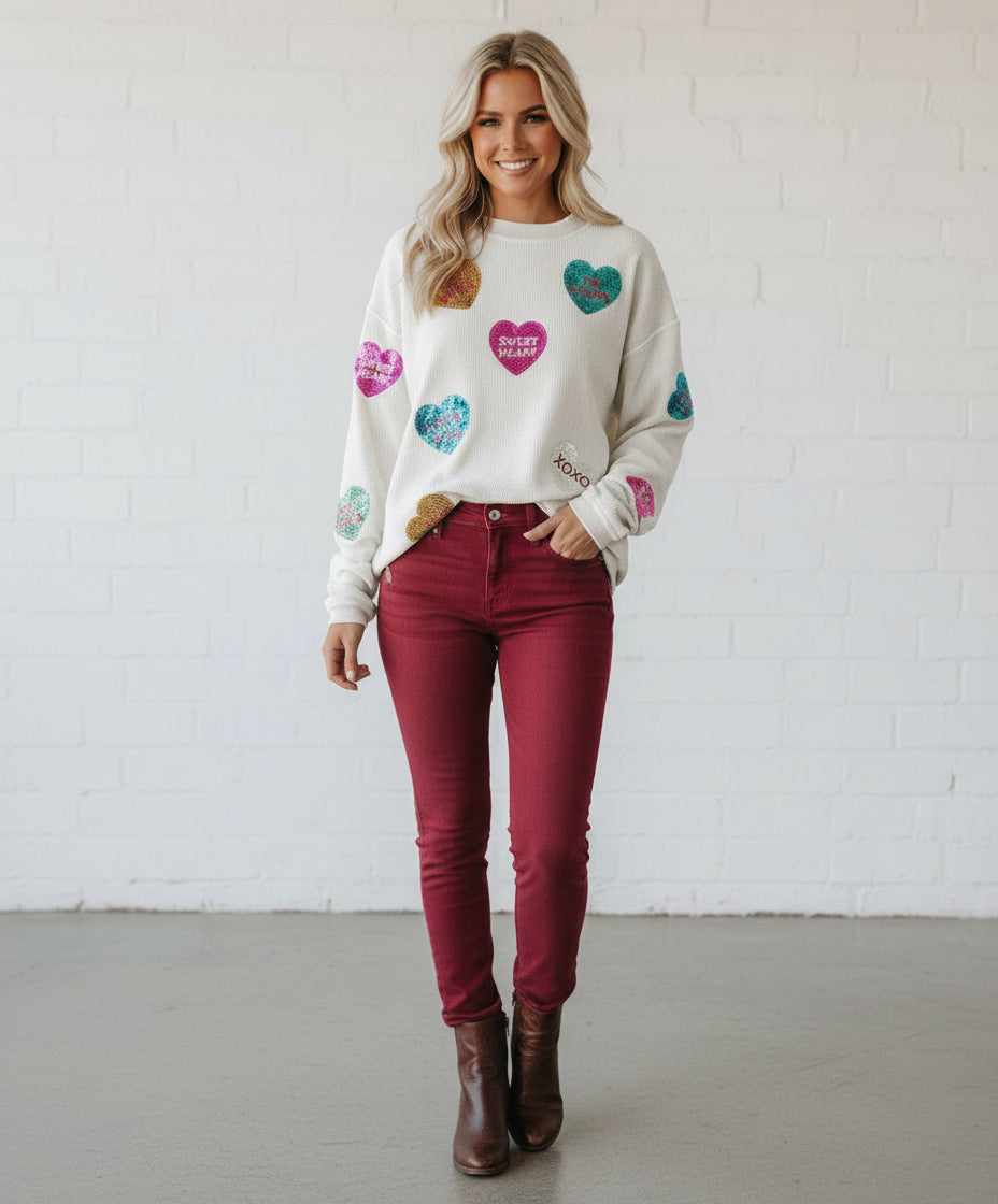 White Valentines Slogan Heart Sequin Corded Earrings Baggy Sweatshirt
