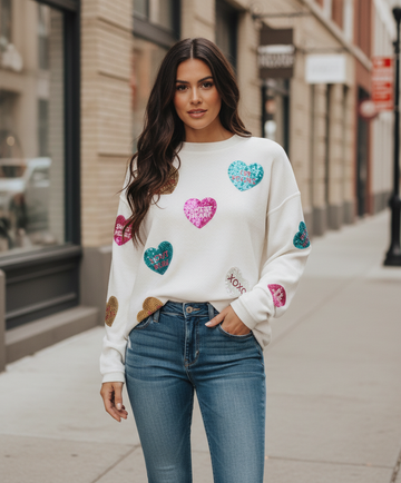White Valentines Slogan Heart Sequin Corded Earrings Baggy Sweatshirt