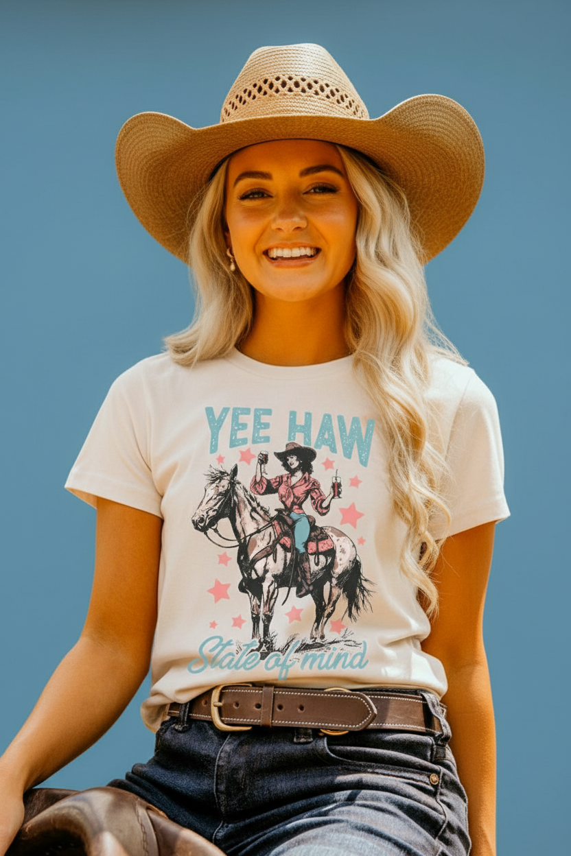Yee Haw State Of Mind Premium Cotton Graphic Tee Western Collection Limited Run Exclusive