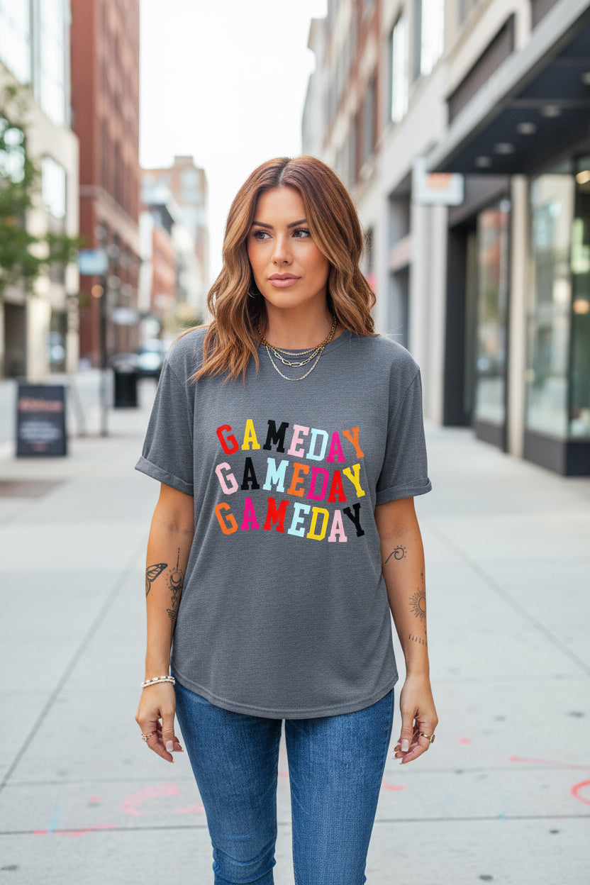 Gray Colorful GAME DAY Graphic Crew T Shirt