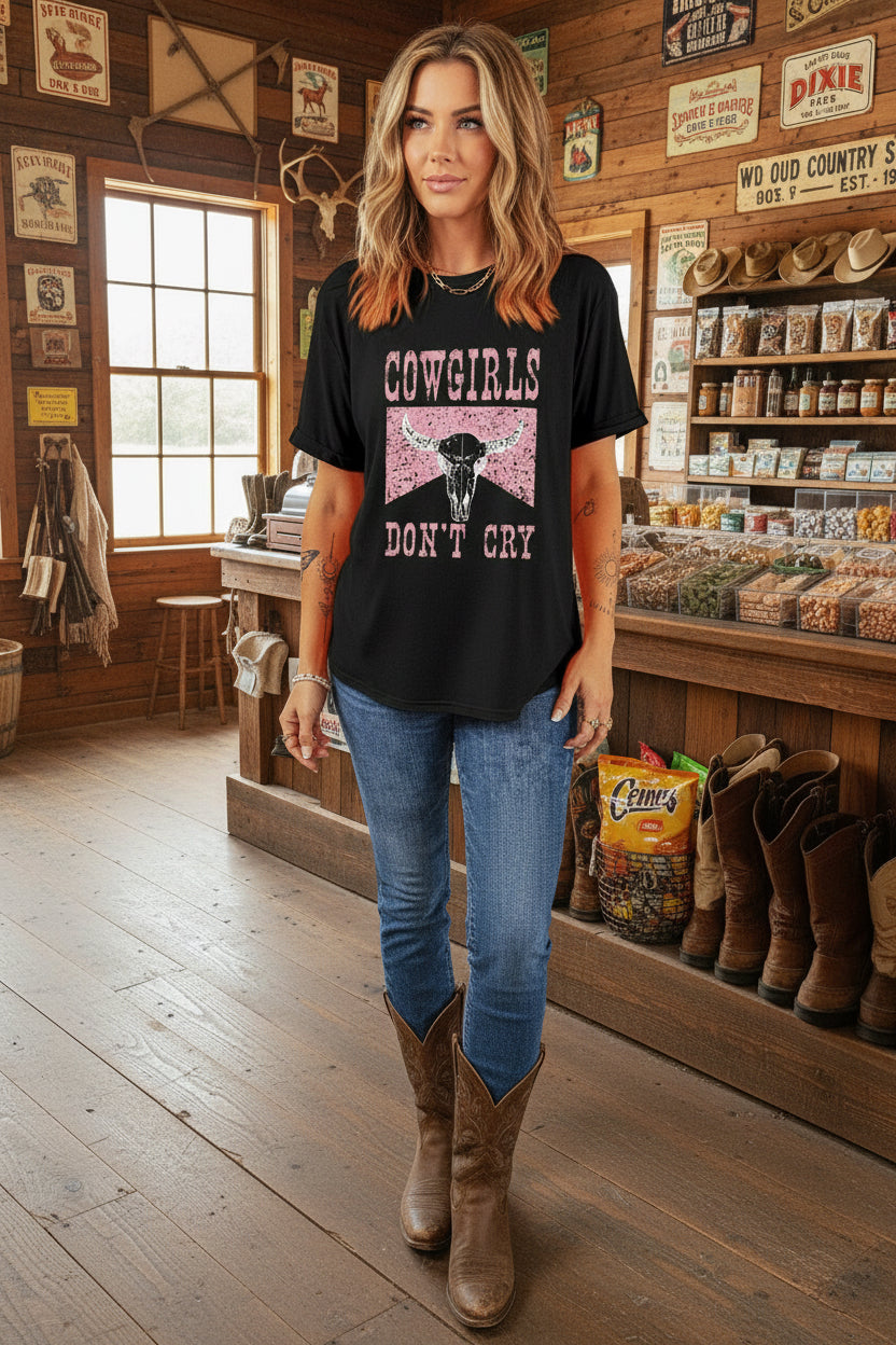 Black COWGIRL DONT CRY Steer Head Print Short Sleeve Top