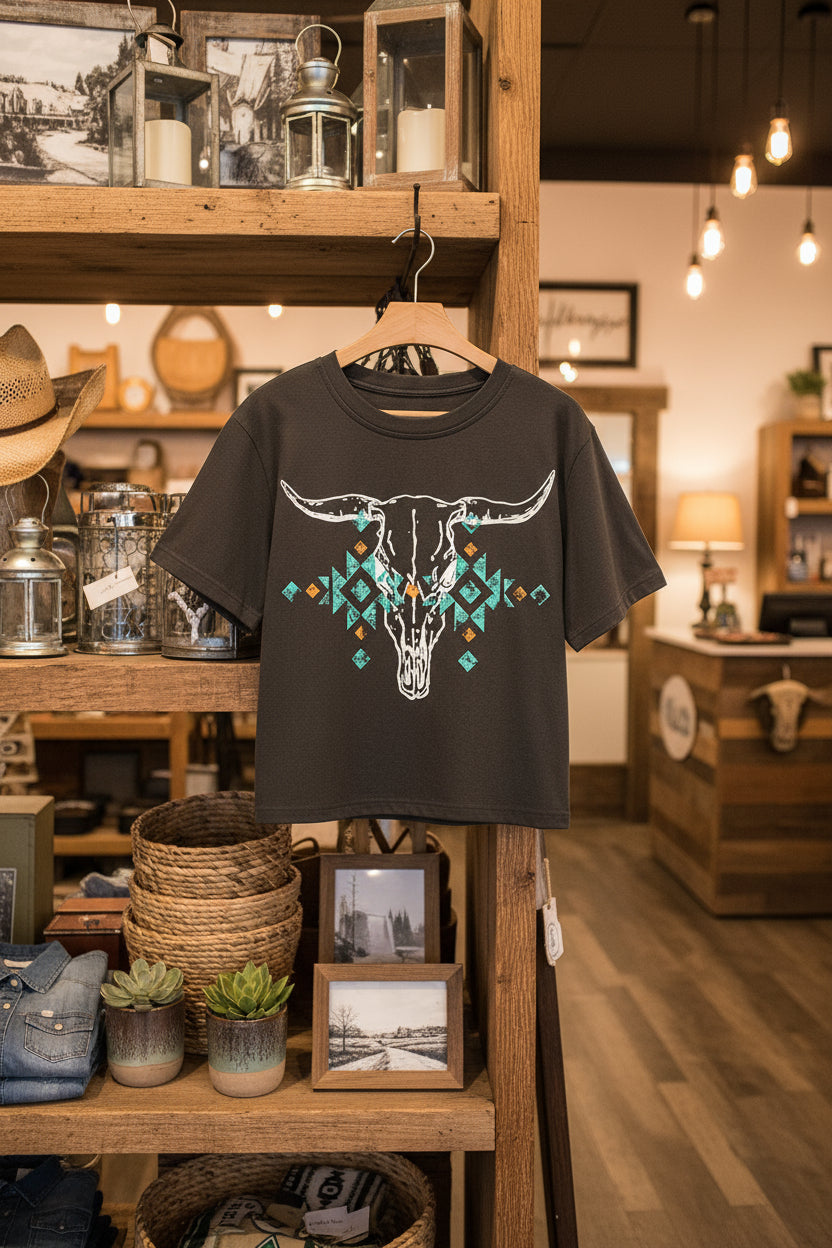 Carbon Grey Vintage Western Bull Head Turquoise Graphic Heritage T Shirt Limited Edition