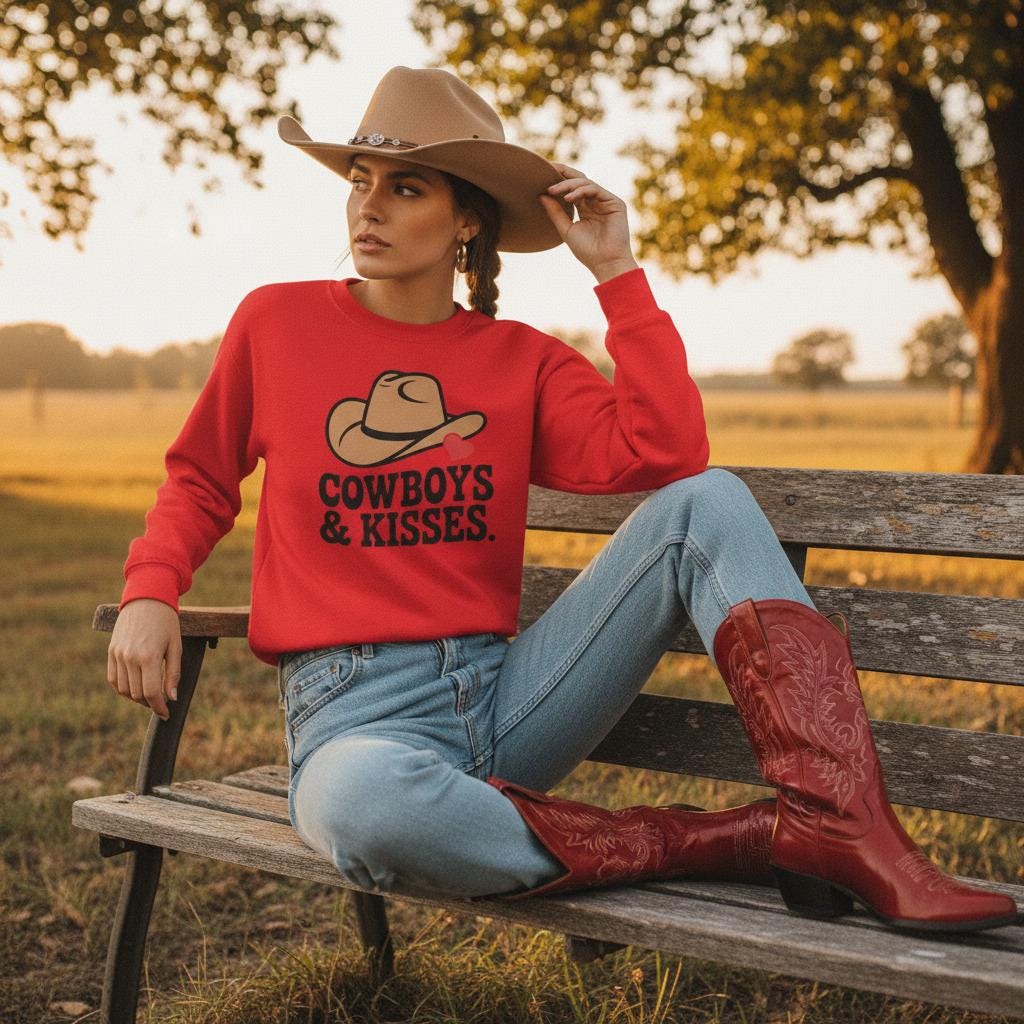 Model wearing Cowboys And Kisses sweatshirt with cowboy hat heart graphic, red top, jeans, and cowgirl boots outdoors.