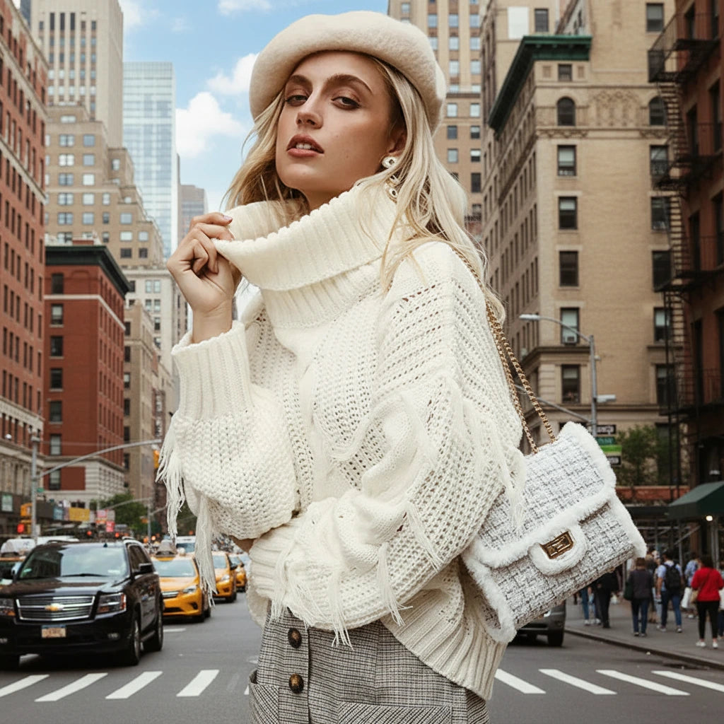 Fashionable Knit Sweater with Fringe - Women's High Neck