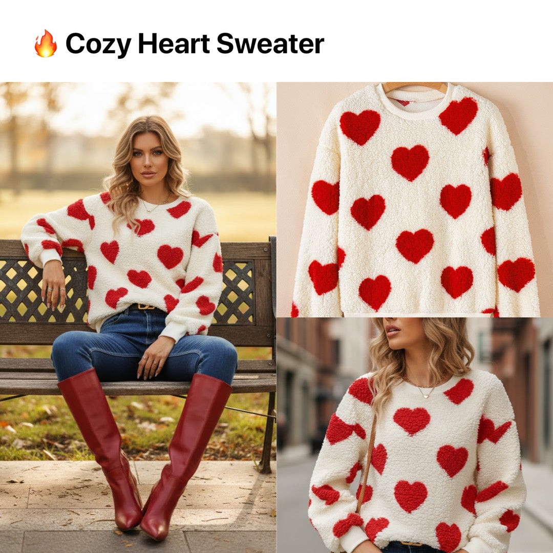 Fiery Red Heart-Pattern Drop-Shoulder Plush Sweatshirt worn by a woman, cozy knit with red boots.