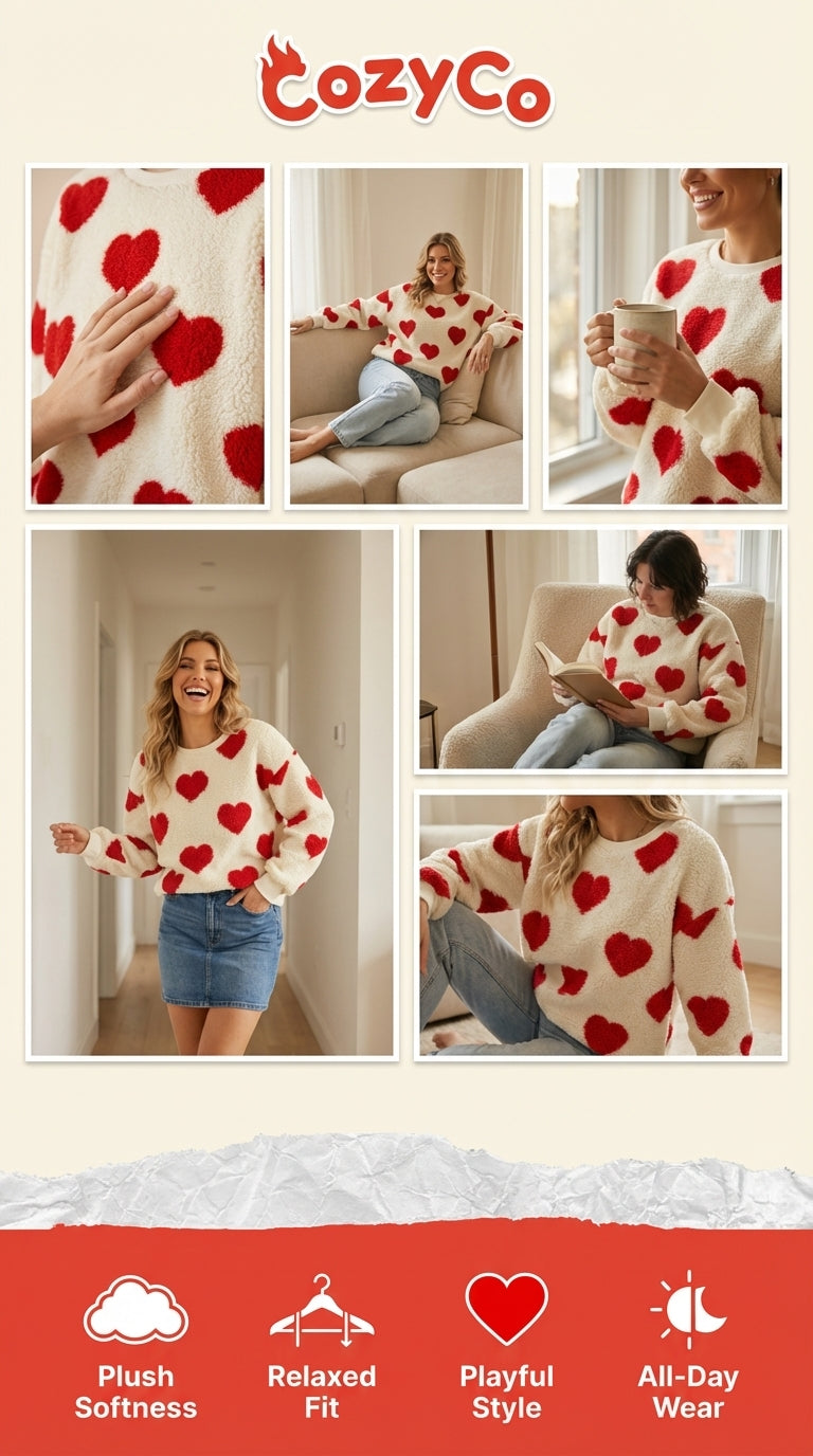 CozyCo Fiery Red Heart Shape Drop Shoulder Plush Sweatshirt - Cozy Comfort