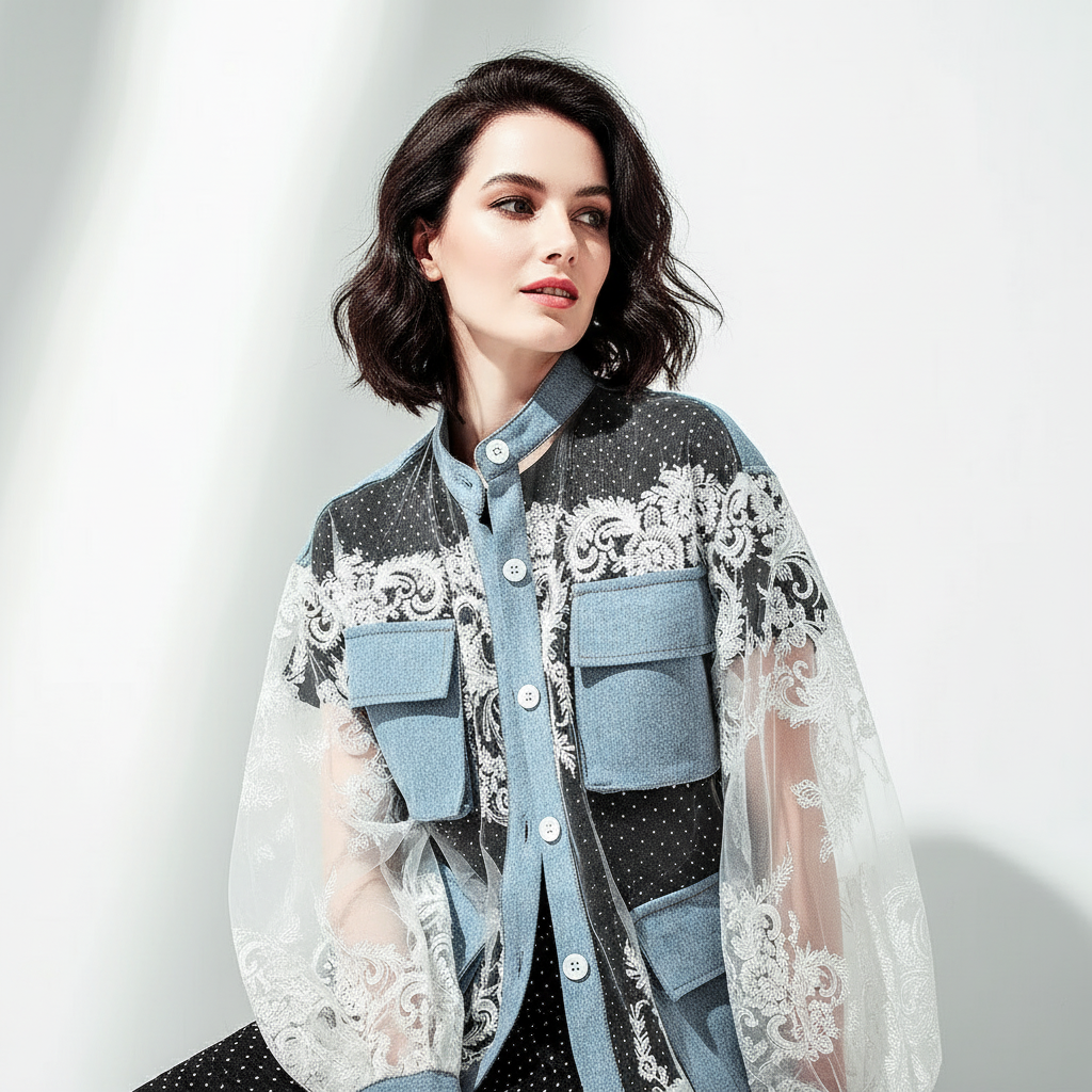 Denim Jacket With Lace Trim Exclusive Edition Oversized Timeless Allure Collection