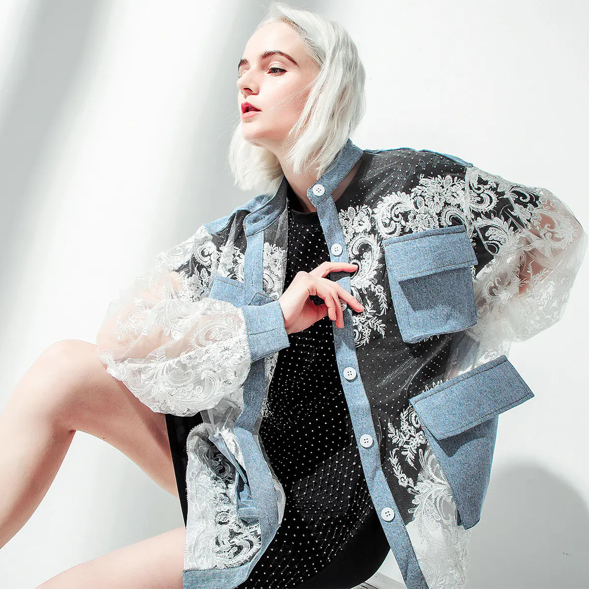Denim Jacket With Lace Trim Exclusive Edition Oversized Timeless Allure Collection