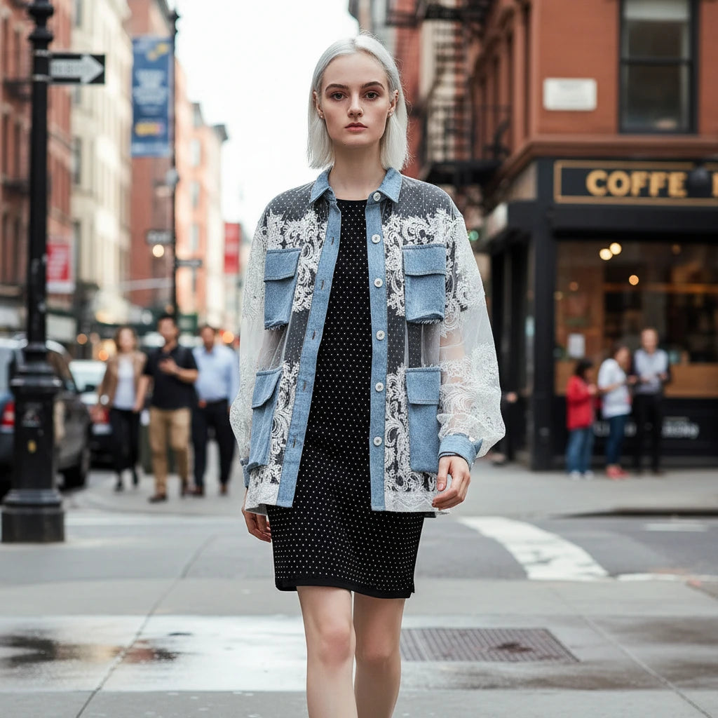 Denim Jacket With Lace Trim Exclusive Edition Oversized Timeless Allure Collection