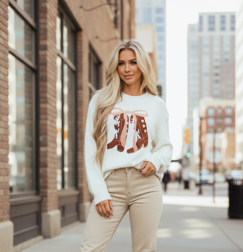 White Embroidered Bow Boots Graphic Drop Shoulder Sweater Fine Knit Collection Limited Edition