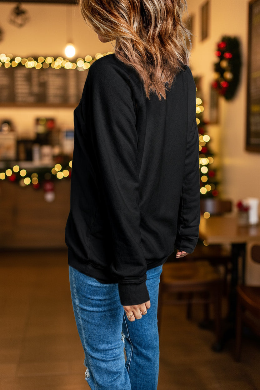 Black Merry & Bright Letter Print Pullover Sweatshirt