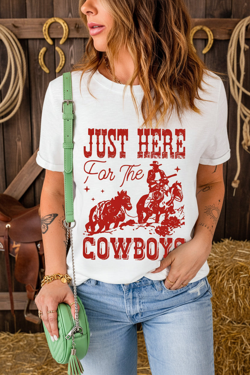 White JUST HERE For THE COWBOY Cuffed Sleeve Crew Neck T Shirt