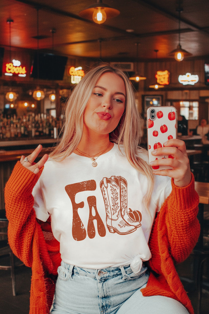 White FALL Boots Cracking Graphic T Shirt