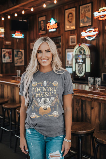 Gray COUNTRY MUSIC Guitar Graphic Print Crew Neck T Shirt