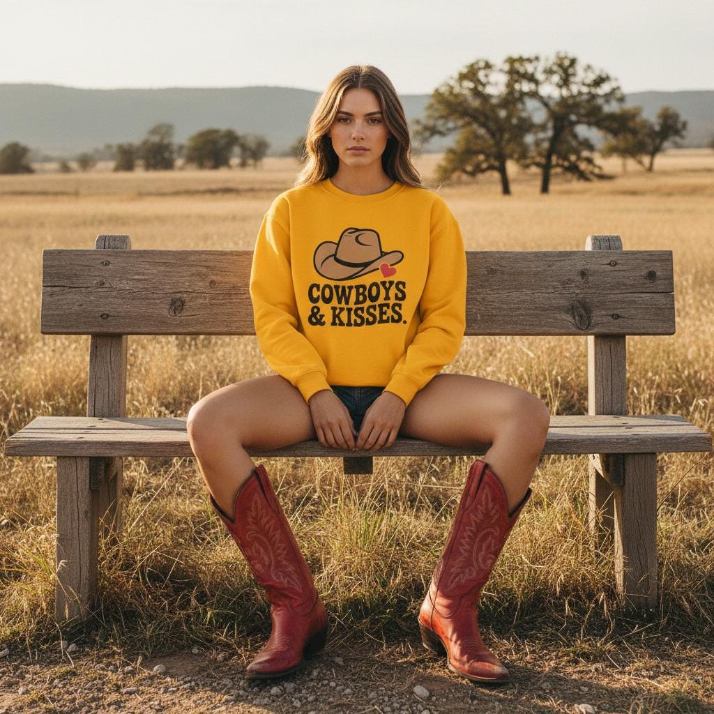 Woman wearing Cowboys And Kisses sweatshirt with cowboy hat heart graphic, sitting on a bench in a golden field.