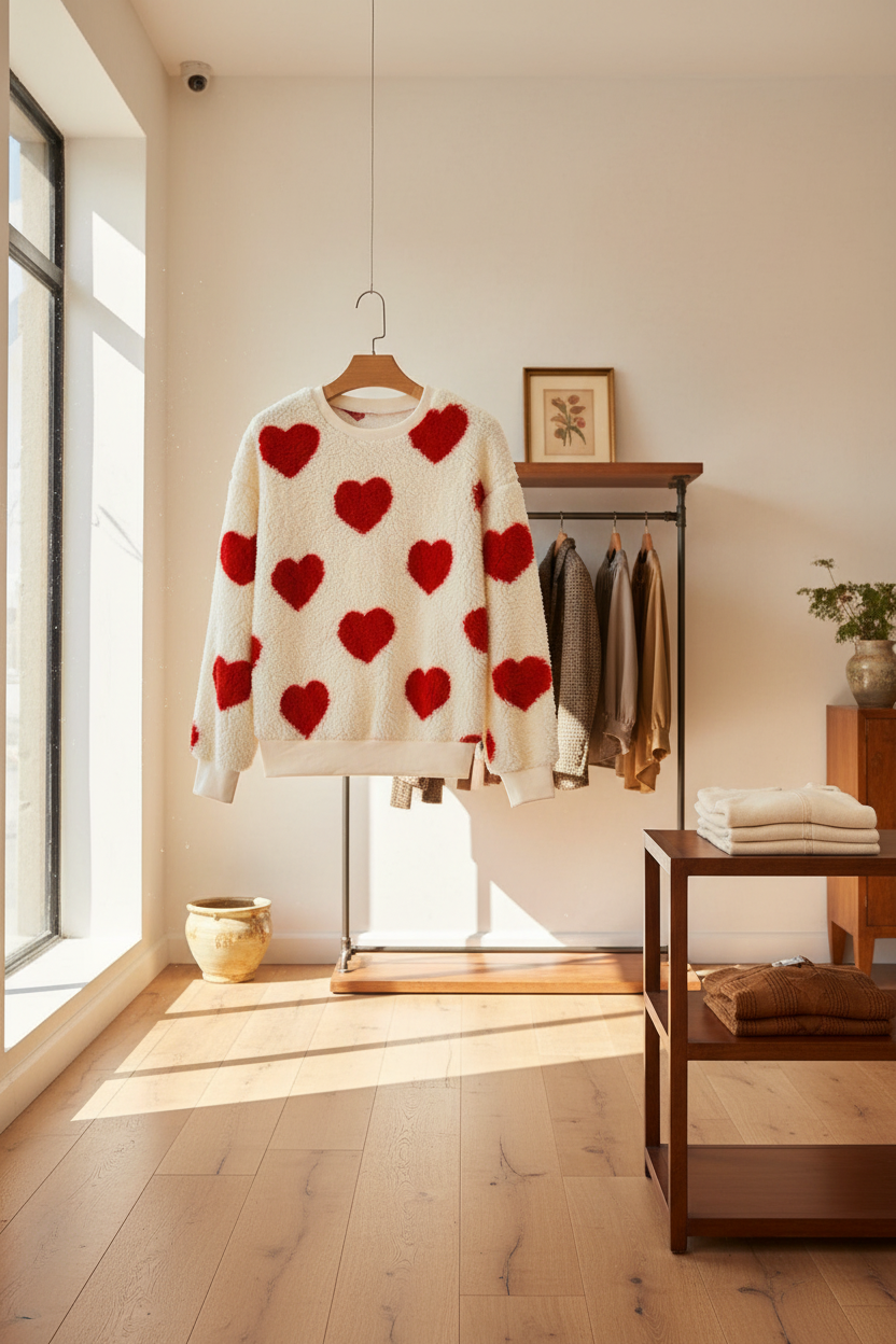 Fiery red heart-shaped drop-shoulder crewneck plush sweatshirt on a hanger, cozy bold color.