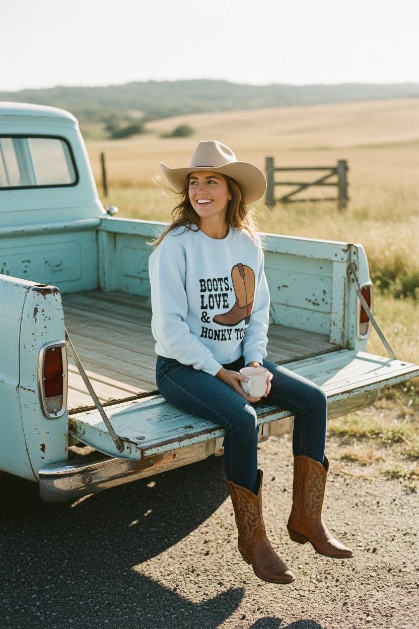 Premium Cotton Fleece Sweatshirt With Cowboy Boots Graphic Limited Edition Western Collection