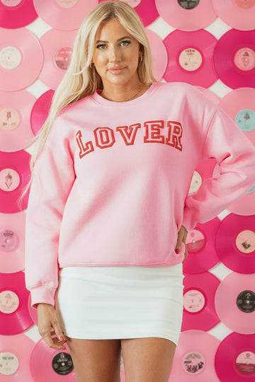 Pink LOVER Puff Print Drop Shoulder Pullover Sweatshirt