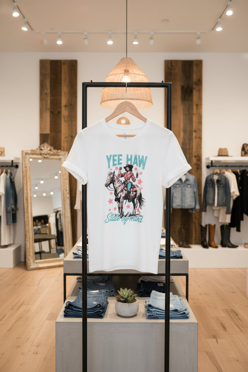 White YEE HAW State of mind Cowgirl Graphic Western Fashion Tee