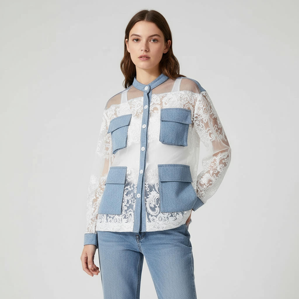 Denim Jacket With Lace Trim Exclusive Edition Oversized Timeless Allure Collection