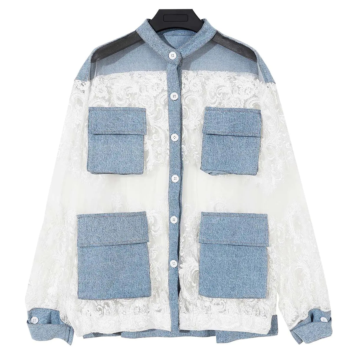 Denim Jacket With Lace Trim Exclusive Edition Oversized Timeless Allure Collection