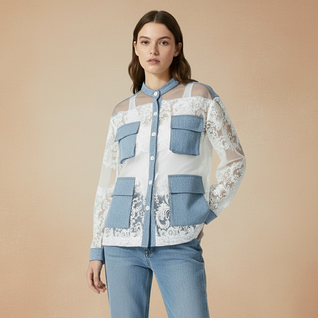 Denim Jacket With Lace Trim Exclusive Edition Oversized Timeless Allure Collection