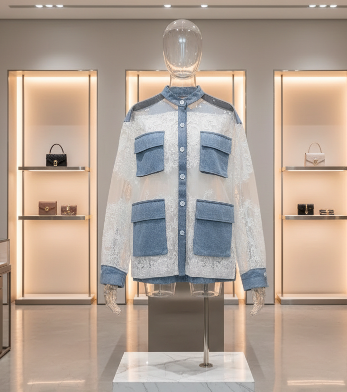 Denim Jacket With Lace Trim Exclusive Edition Oversized Timeless Allure Collection