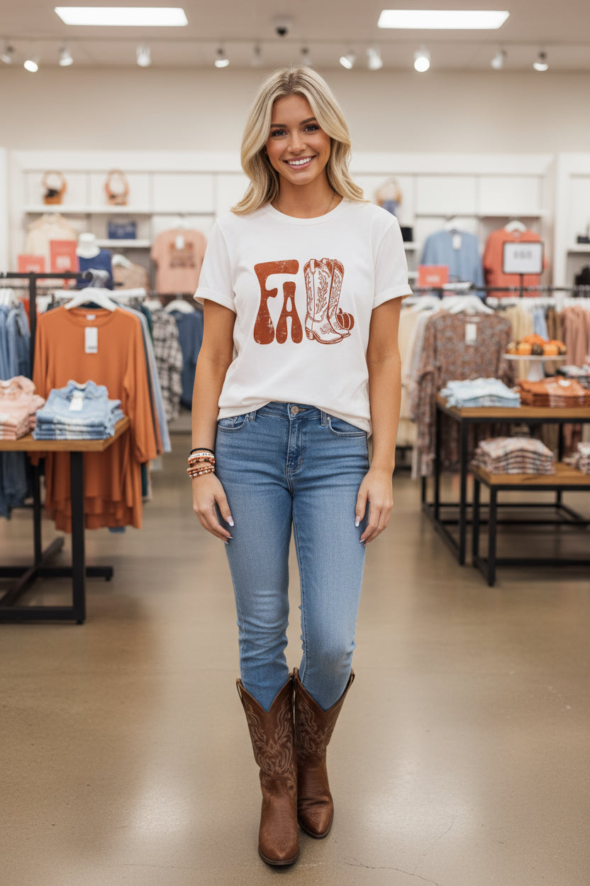 White FALL Boots Cracking Graphic T Shirt