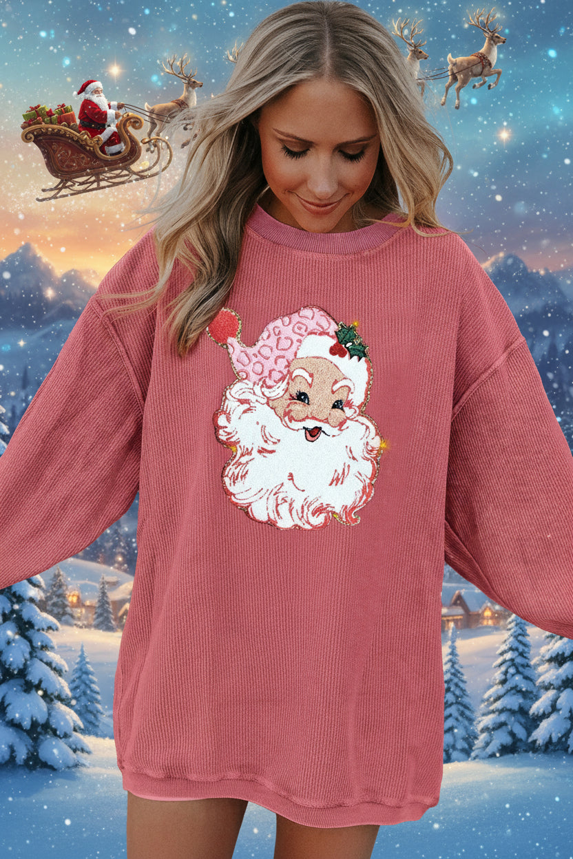 Strawberry Pink Santa Claus Sparkle Corded Crew Neck Sweatshirt