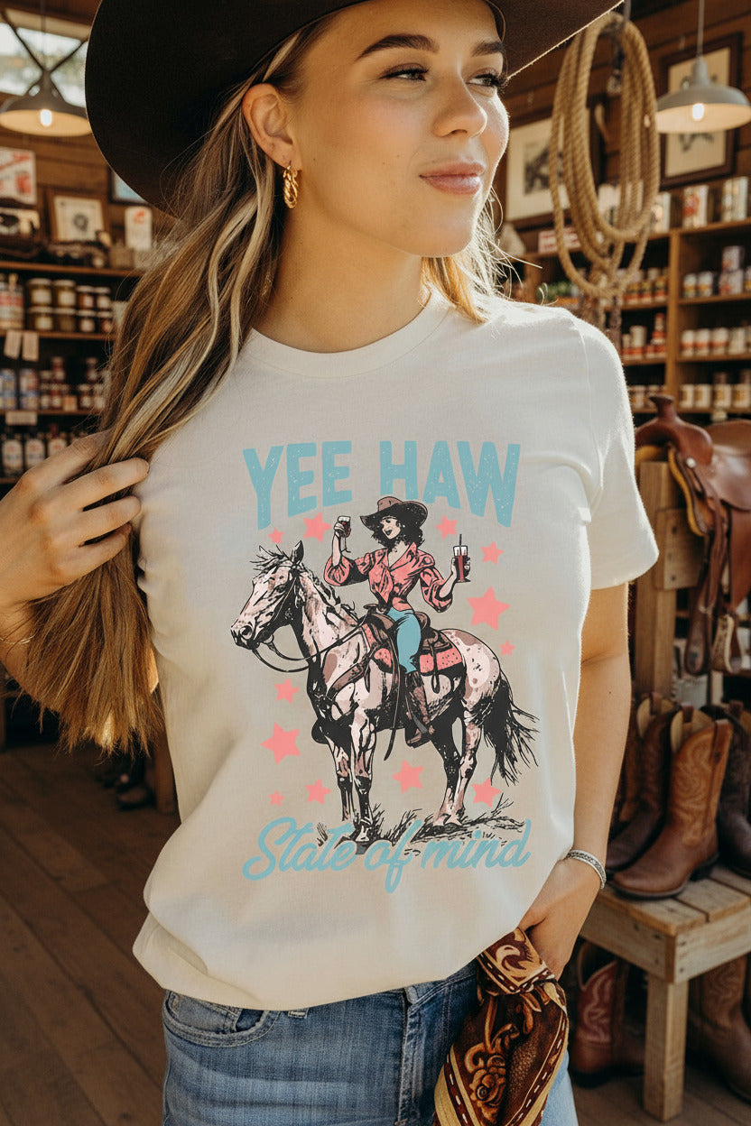 White YEE HAW State of mind Cowgirl Graphic Western Fashion Tee