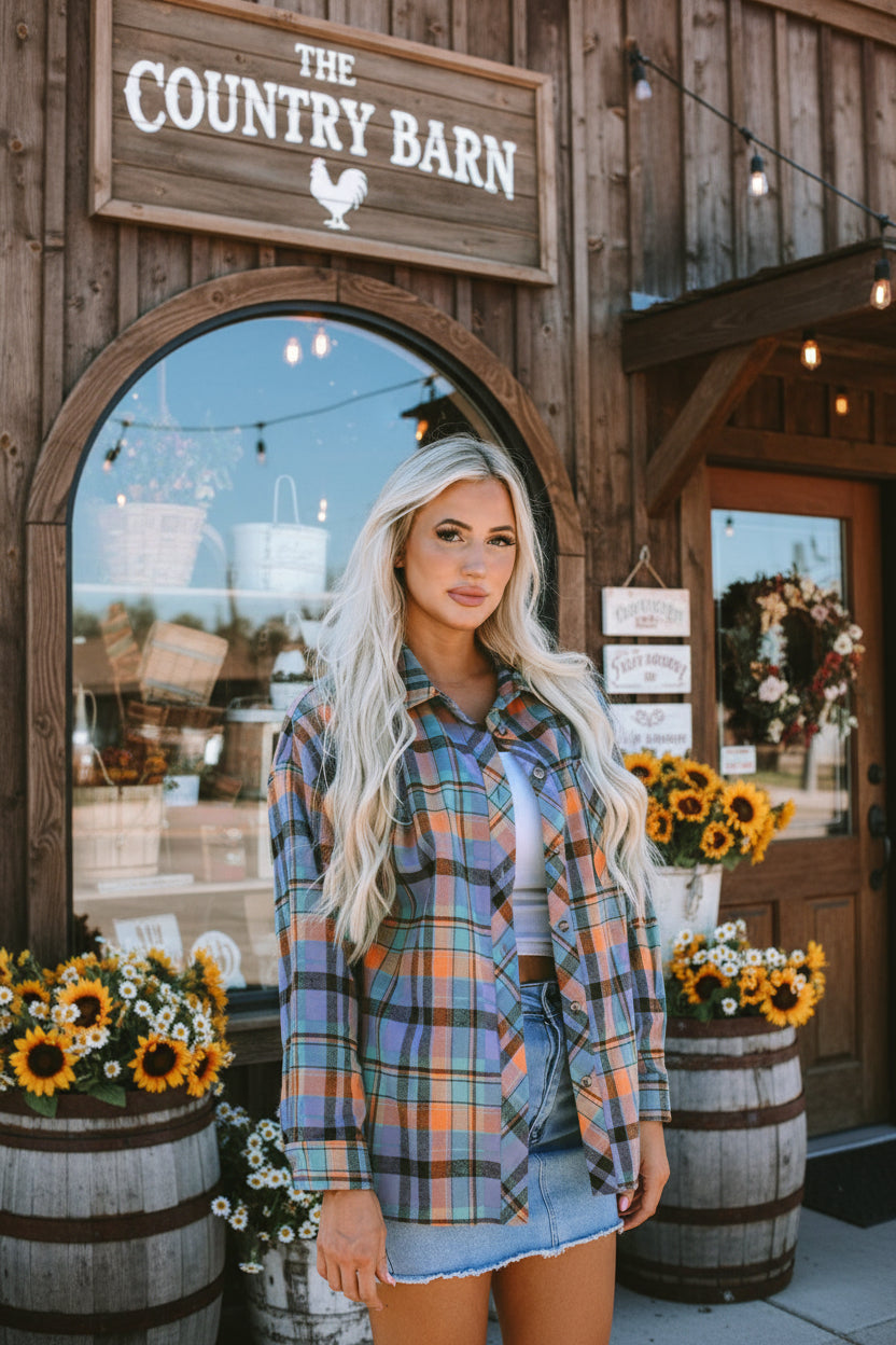 Orange Plaid Print Loose Vintage Shirt