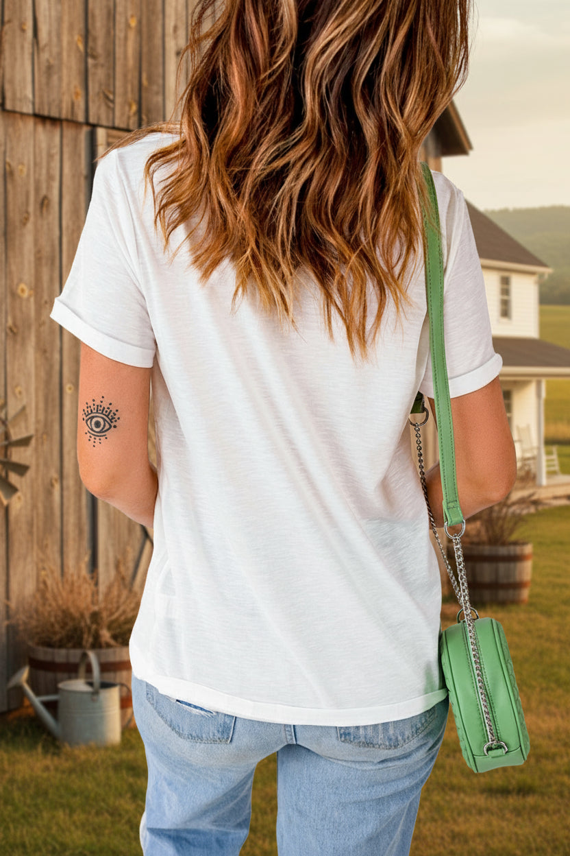 White JUST HERE For THE COWBOY Cuffed Sleeve Crew Neck T Shirt