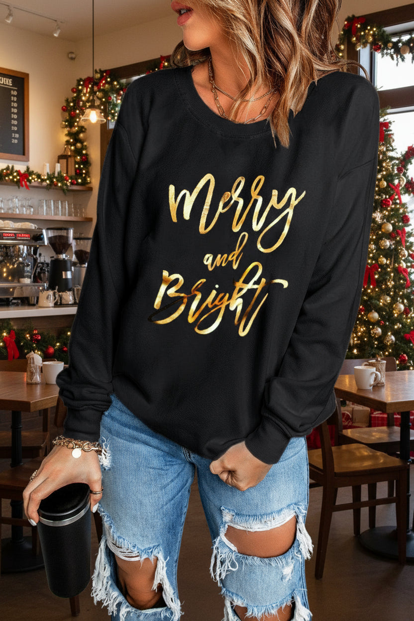 Black Merry & Bright Letter Print Pullover Sweatshirt