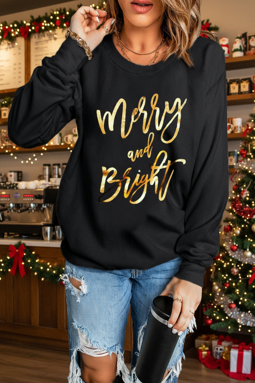 Black Merry & Bright Letter Print Pullover Sweatshirt
