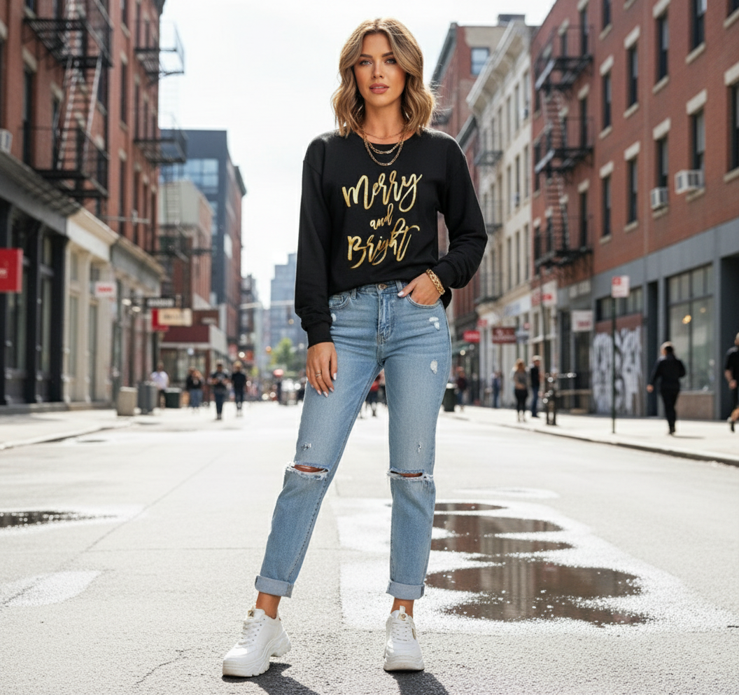 Black Merry And Bright Letter Print Pullover Sweatshirt From Merry And Bright Collection Limited Edition