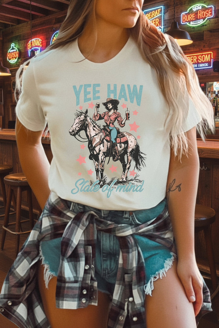 White YEE HAW State of mind Cowgirl Graphic Western Fashion Tee