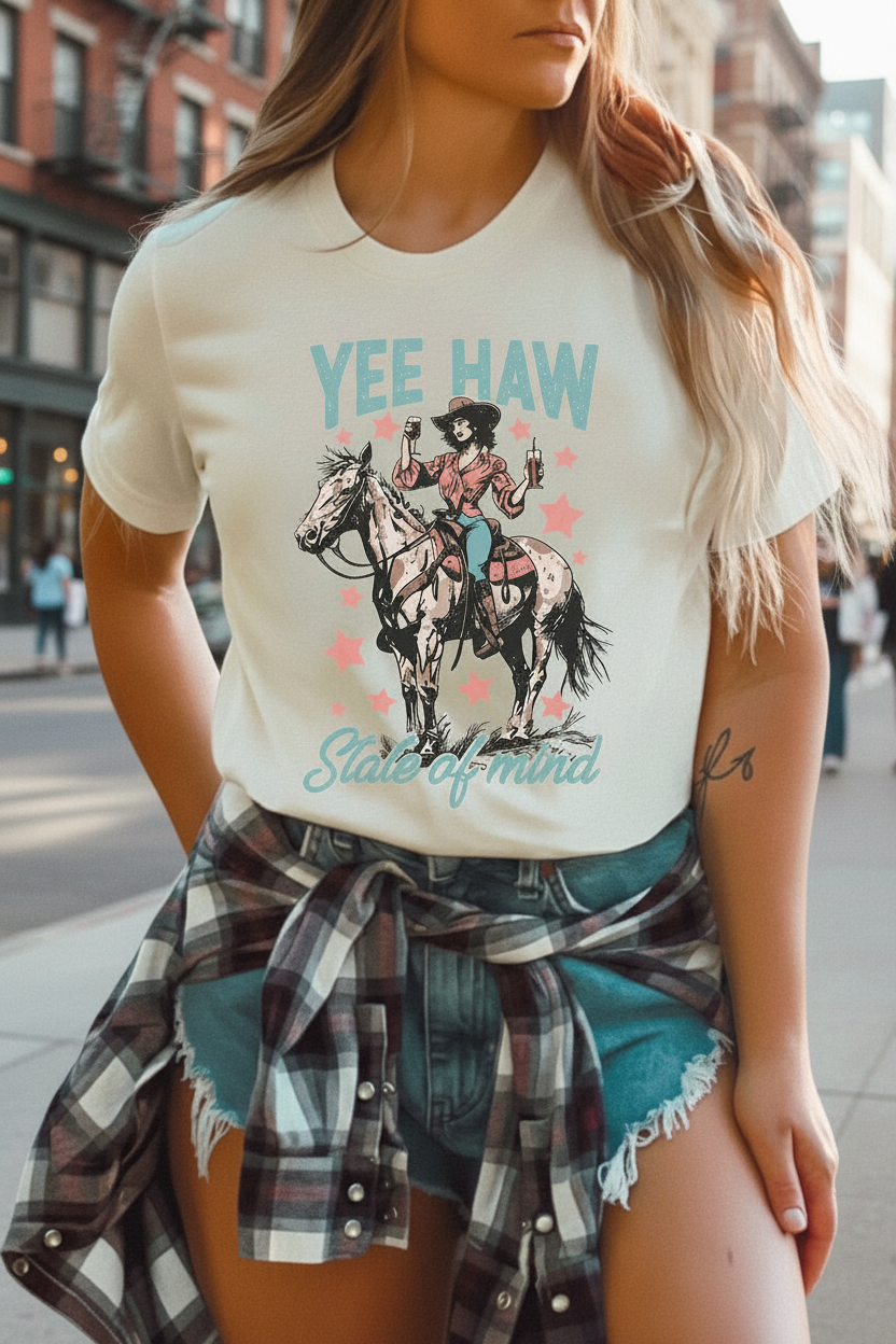 Yee Haw State Of Mind Premium Cotton Graphic Tee Western Collection Limited Run Exclusive