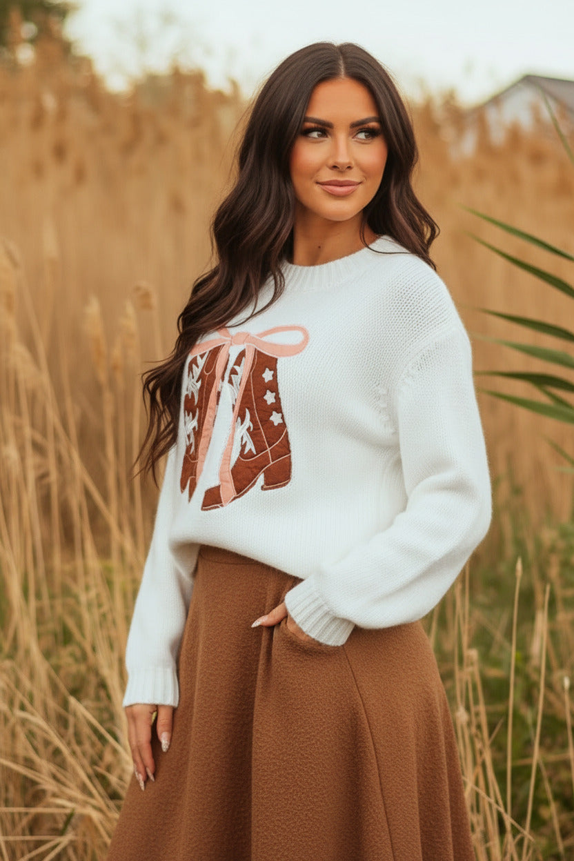 White Embroidered Bow Boots Graphic Drop Shoulder Sweater Fine Knit Collection Limited Edition