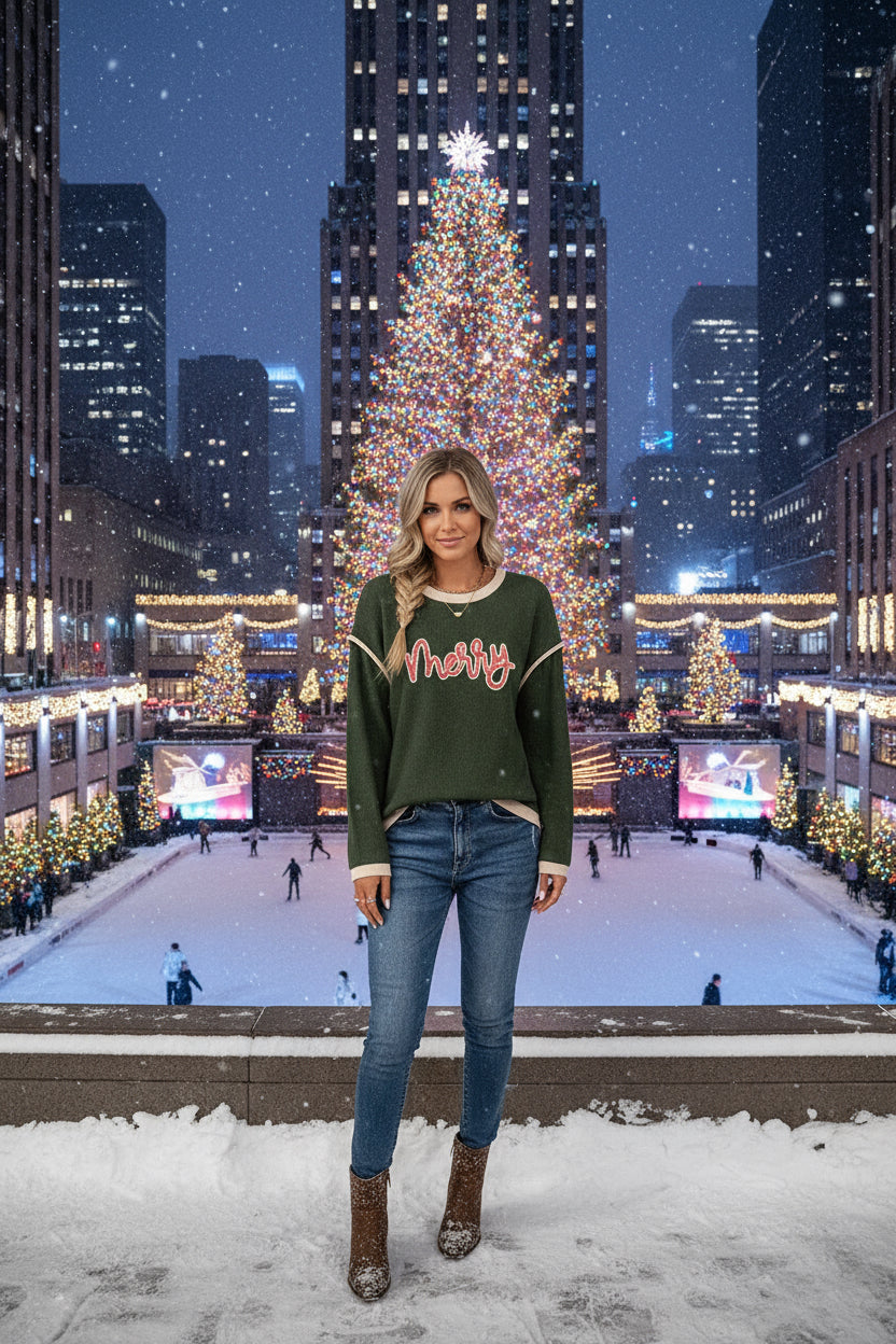 Four Leaf Clover Merry Patched Graphic Contrast Trim Christmas Knitted Long Sleeve Top