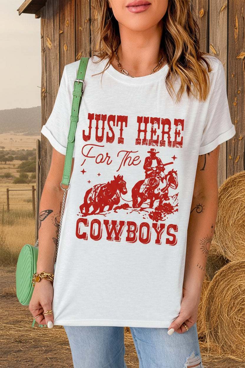 White JUST HERE For THE COWBOY Cuffed Sleeve Crew Neck T Shirt