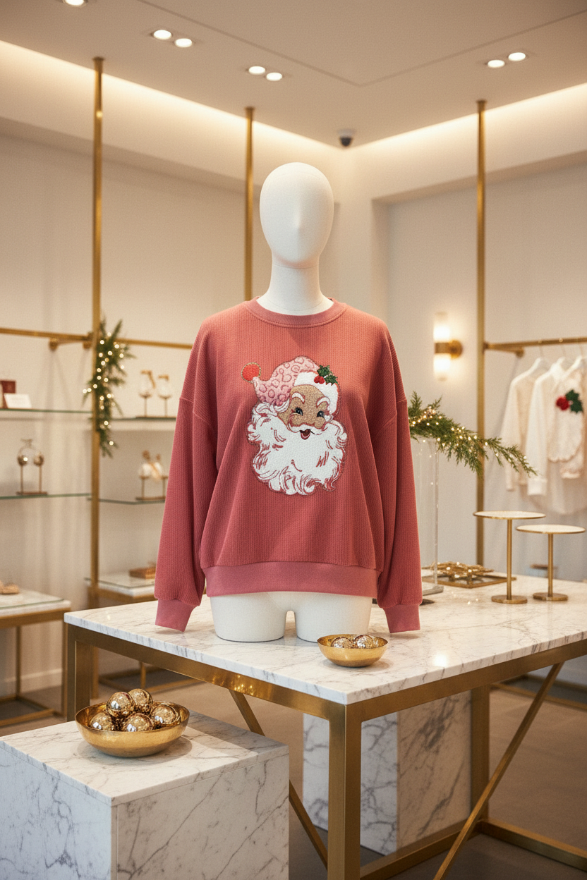 Pink Corded Crew Neck Sweatshirt In Soft Cotton Blend Luxe Collection Limited Edition