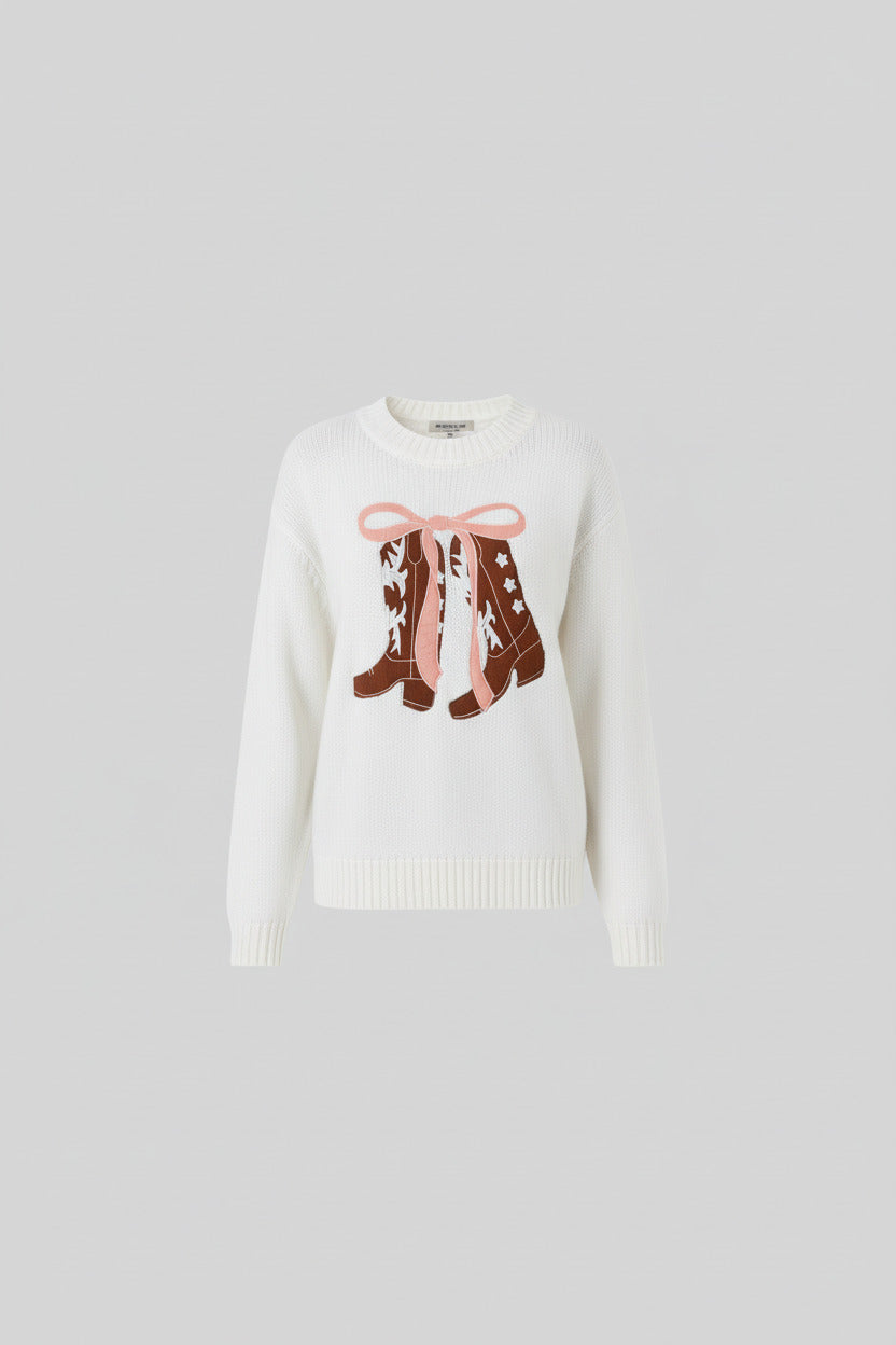 White Embroidered Bow Boots Graphic Drop Shoulder Sweater Fine Knit Collection Limited Edition