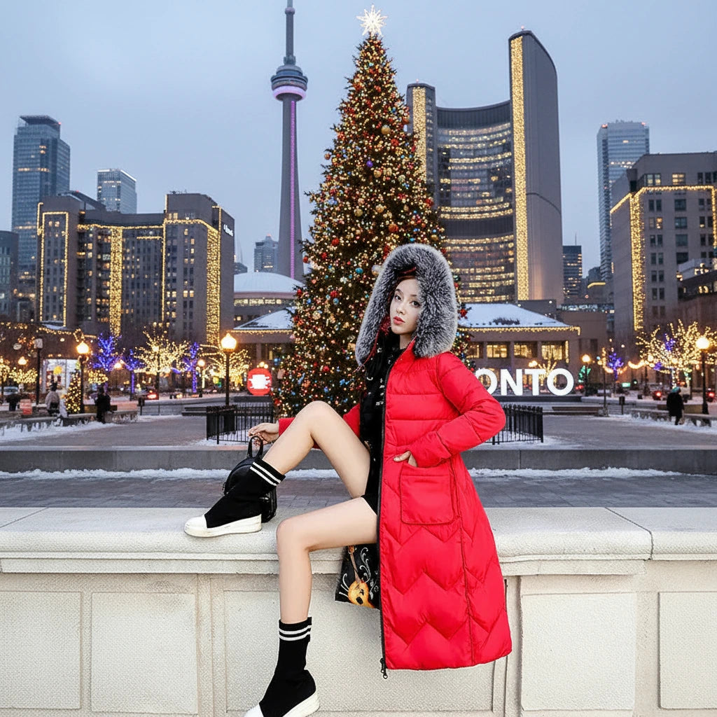 Reversible Cotton-Padded Jacket with Hood and Fur Collar