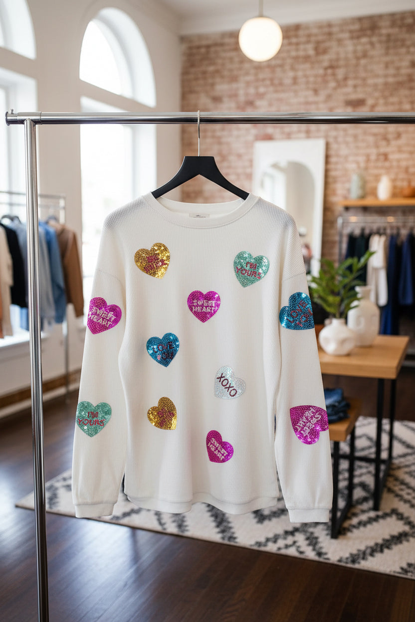 White Valentines Slogan Heart Sequin Corded Earrings Baggy Sweatshirt