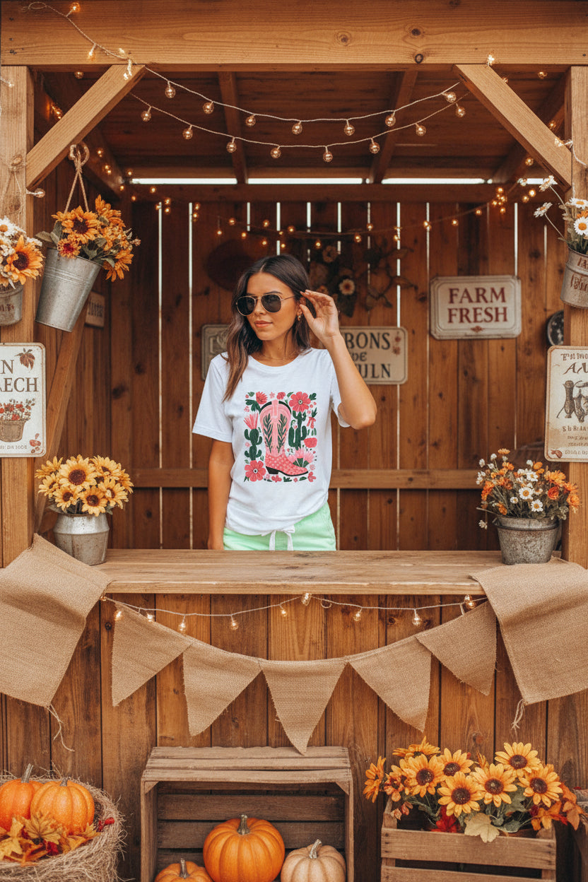 White Western Boots Flower Print Round Neck T Shirt