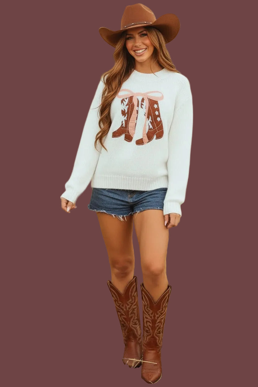 White Embroidered Bow Boots Graphic Drop Shoulder Sweater Fine Knit Collection Limited Edition