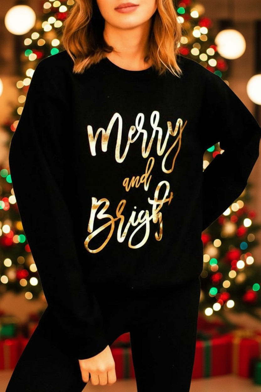 Black Merry & Bright Letter Print Pullover Sweatshirt