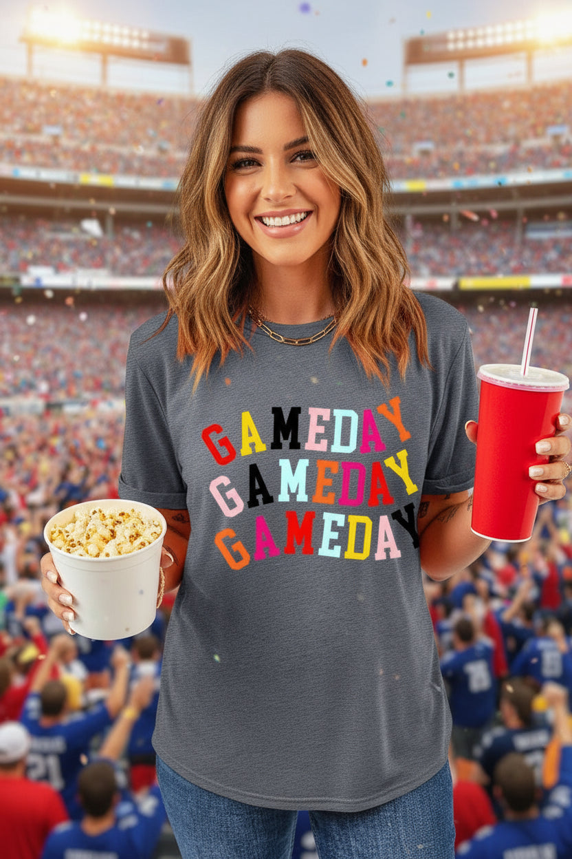 Gray Colorful GAME DAY Graphic Crew T Shirt