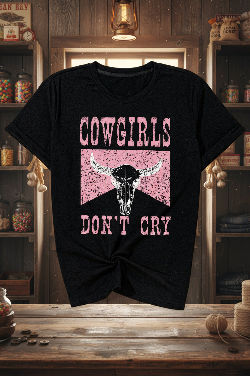Black COWGIRL DONT CRY Steer Head Print Short Sleeve Top