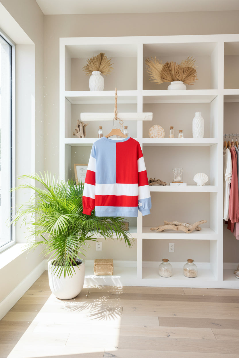 Multicolour American Flag Vintage Oversized Pullover Sweatshirt